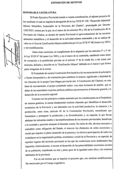 Qué dice el proyecto que Arcioni envió para derogar la zonificación minera