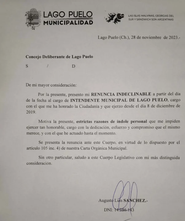 Rechazaron la renuncia del intendente de Lago Puelo, a 12 días de terminar su mandato