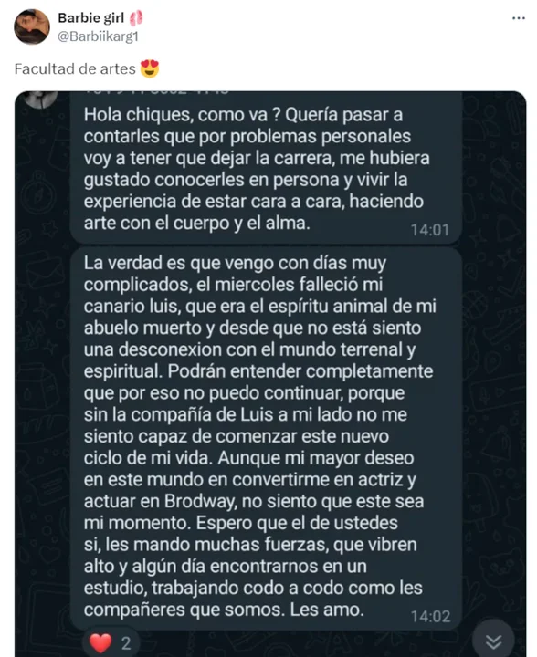 Iba a la Facultad de Artes, tuvo una "mística" razón para abandonar la carrera y sorprendió a todos