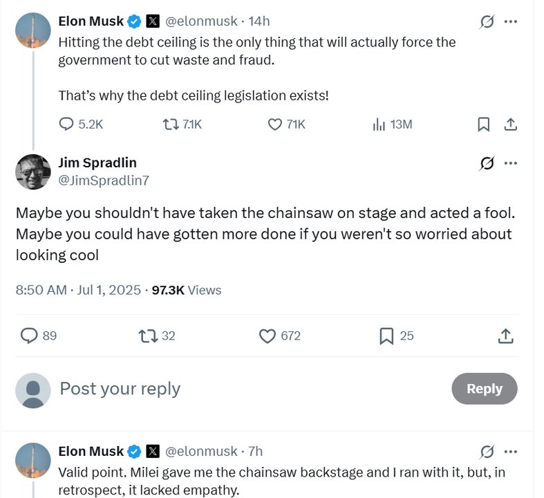 El diálogo en X entre Elon Musk y un seguidor que lo cuestionó.